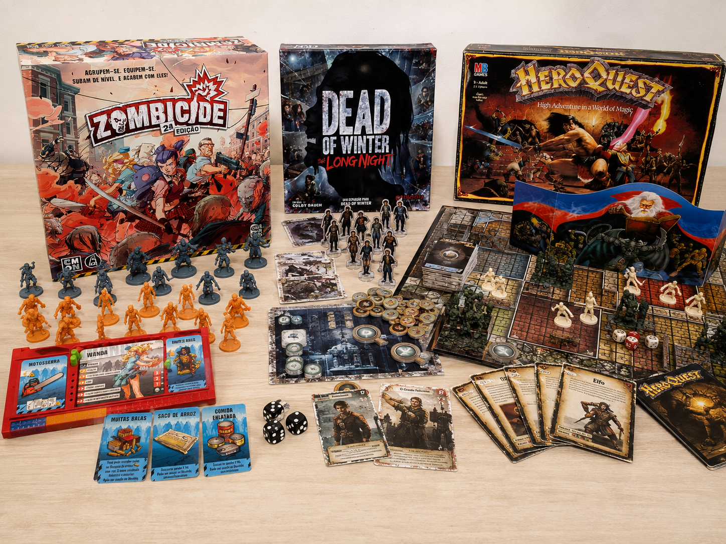 Jogos de aventura Zombicide, HeroQuest e Dead of Winter com miniaturas e tabuleiros