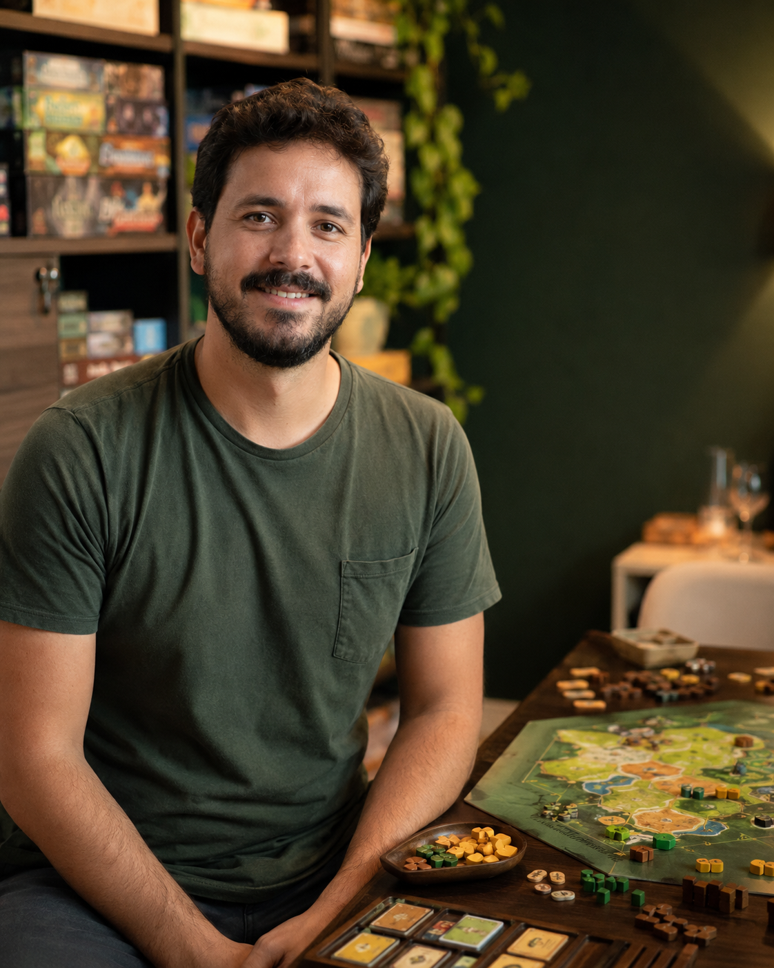 Foto do criador da Gameoteca sorrindo ao lado de um tabuleiro de jogo
